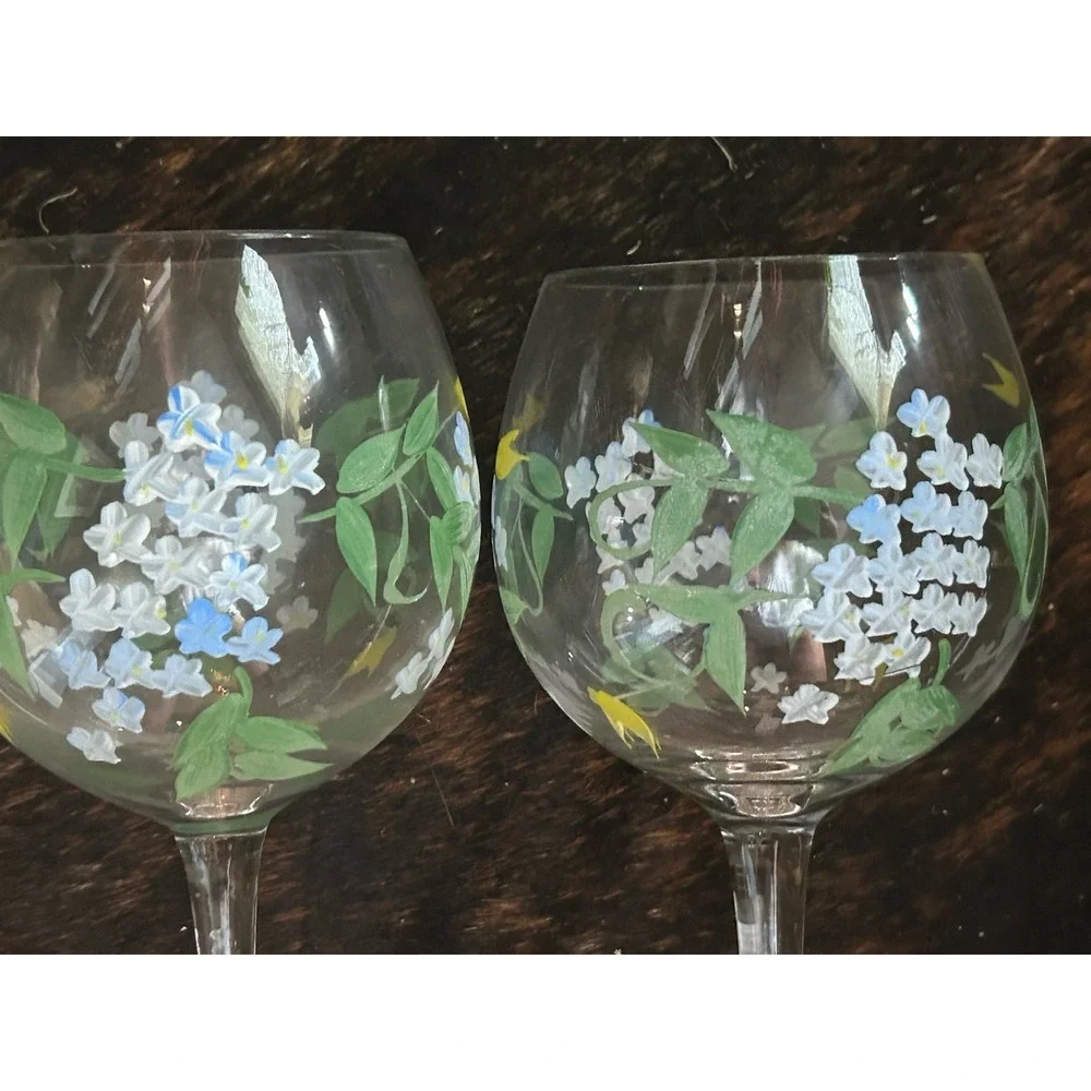 4 Hand Painted Wine Glasses Multicolor Floral 8.5